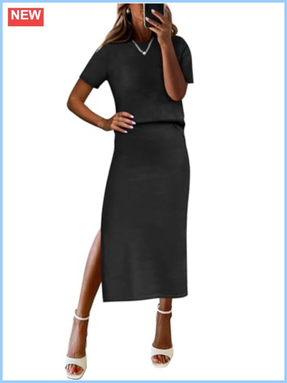 2 Piece Striped Sweater Skirt Set Short Sleeve Midi Pencil Skirt Lounge Travel